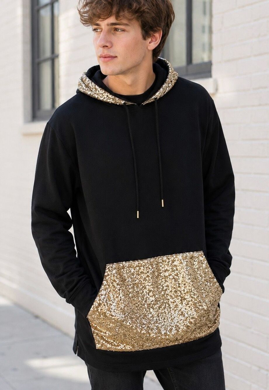 NWT ASOS Oversized Longline Hoodie w/ Gold Sequin Pocket and Hood Unisex XS